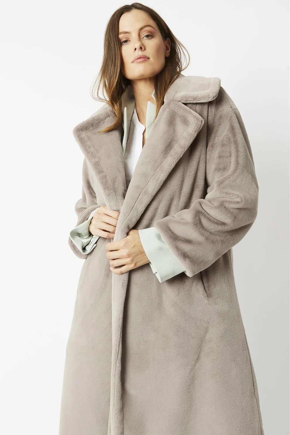 Light Grey Faux Fur Midi Shaved Shearling Coat-0