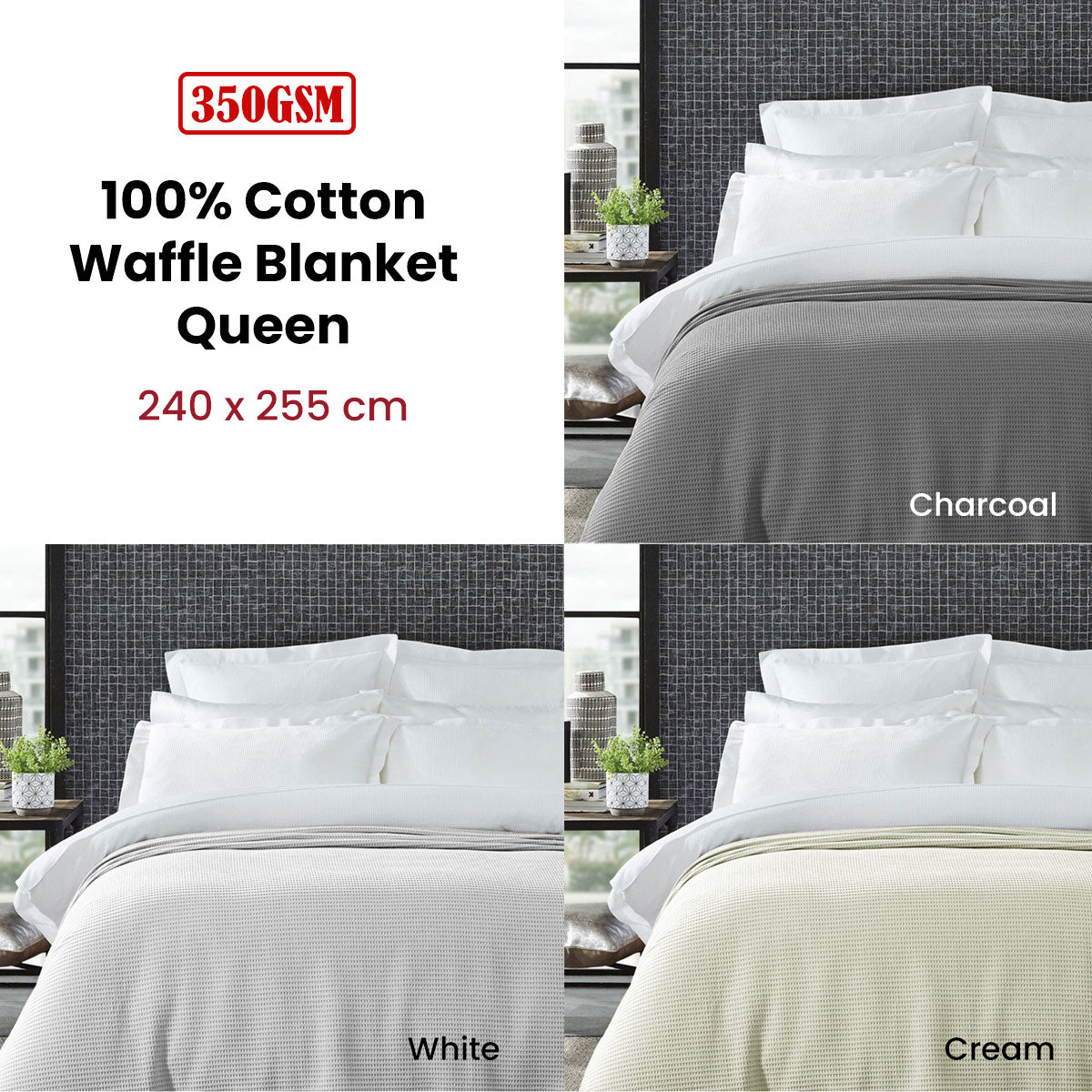 NNEDSZ Living @ Home 350gsm 100% Cotton Breathable Waffle Blanket Queen 240 x 255 cm Cream-1