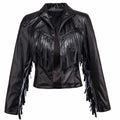 Women's Black Fringe Leather Bomber Jacket-0