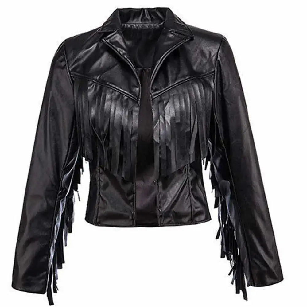 Women's Black Fringe Leather Bomber Jacket