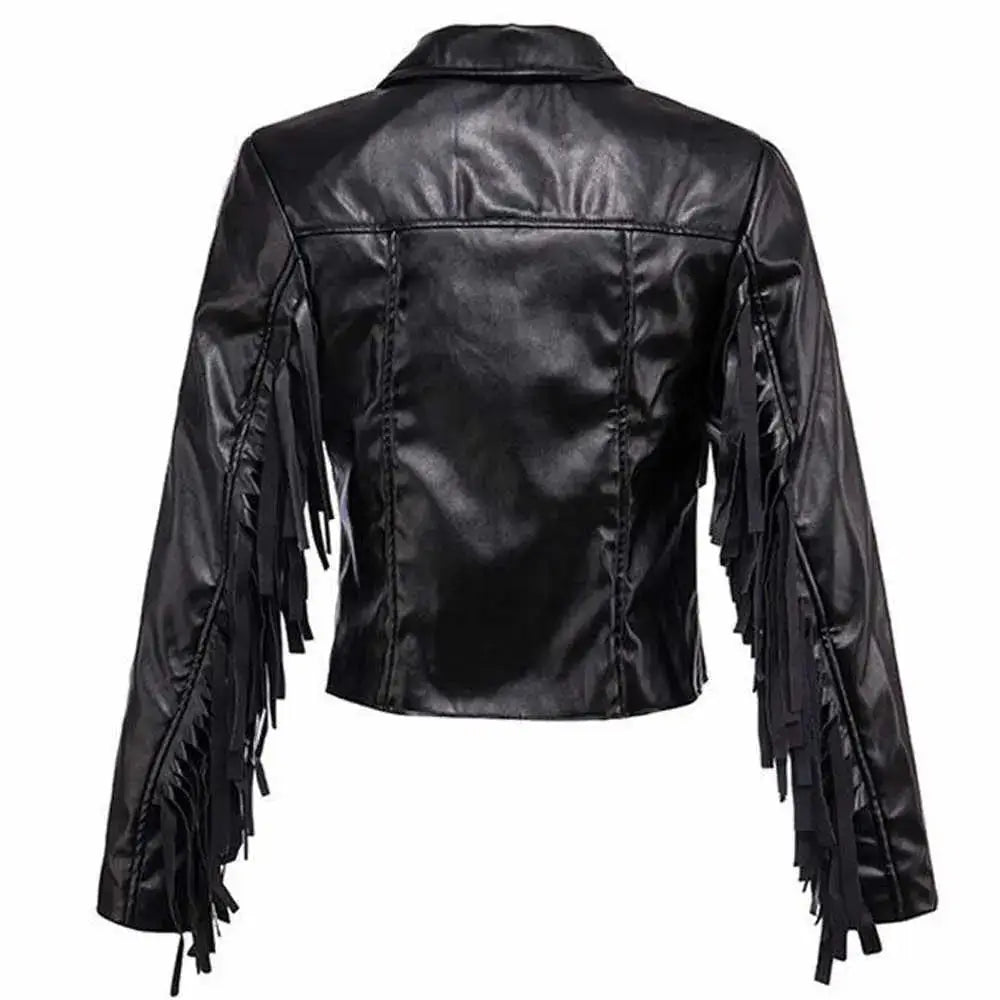 Women's Black Fringe Leather Bomber Jacket-1